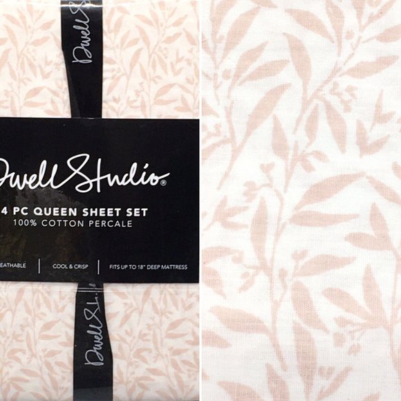 4pc Dwell Studio Botanical QUEEN Sheet Set Leaf Dusty Pink White Cotton Percale